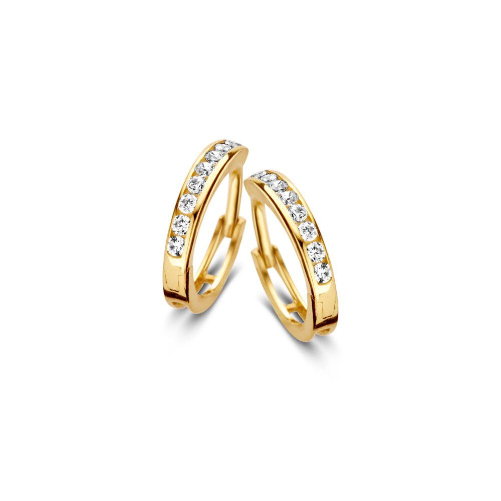 Gelbgoldene Ohrringe mit Zirkonia, gebogene Form und funkelnden Steinen entlang der Vorderseite