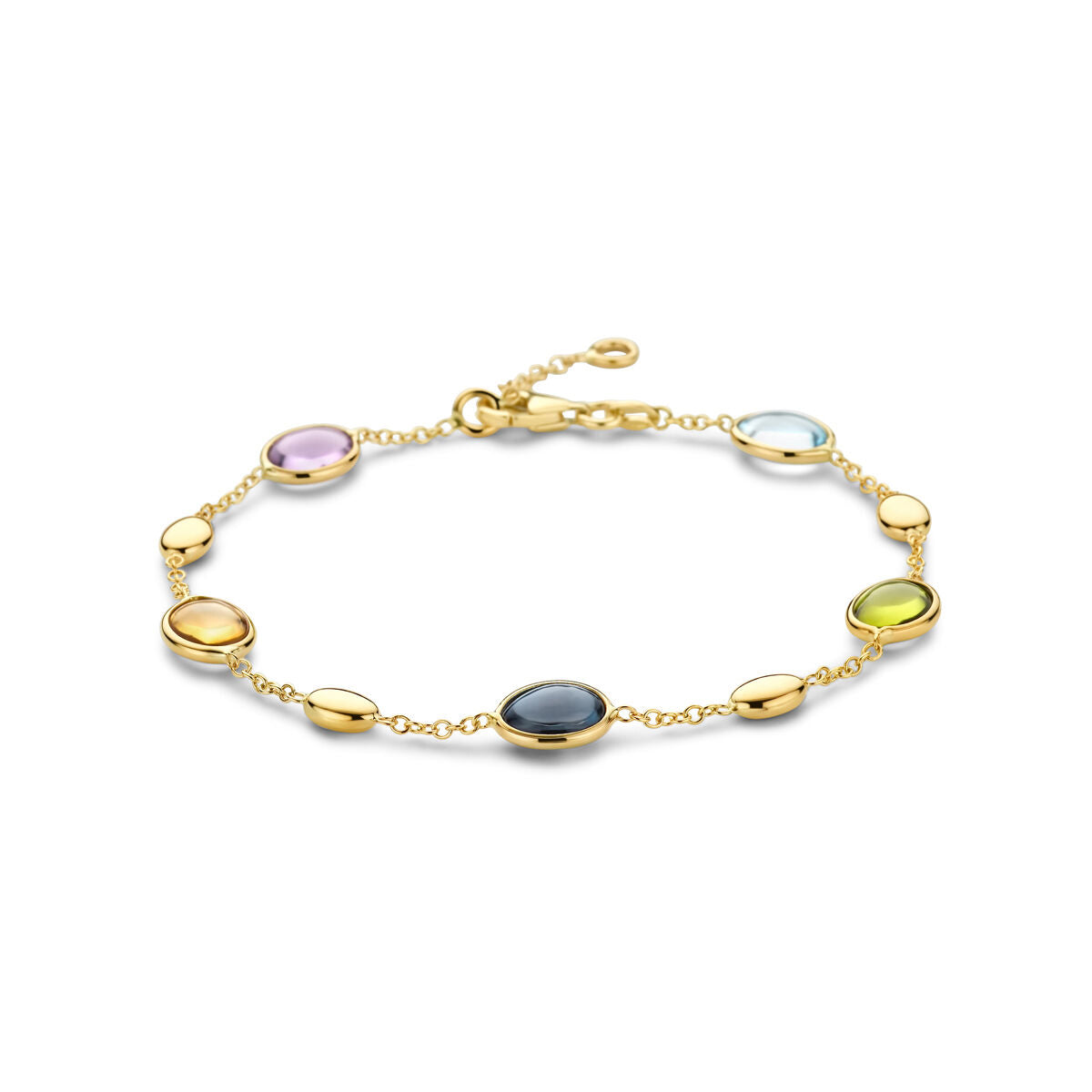 Goldenes Damenarmband mit natürlichen Farbsteinen, 14K, ovalen und runden Edelsteinen in verschiedenen Farben
