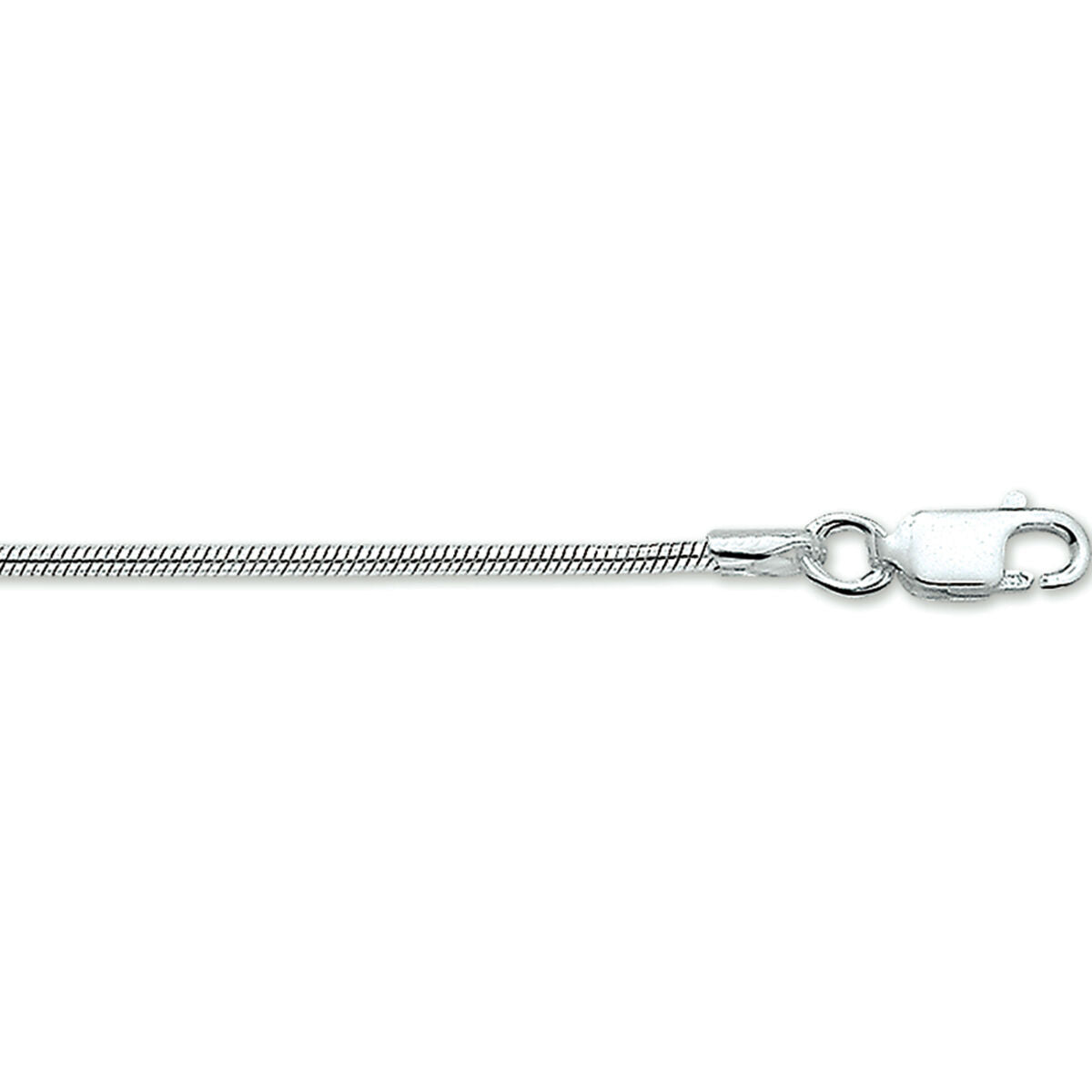 Close-up van de Van der Kooij Collectie collier slang rond 1,6 mm zilver wit met stevige karabijnsluiting, perfect als elegante damesketting. Het collier schittert prachtig tegen de zilver witte achtergrond.