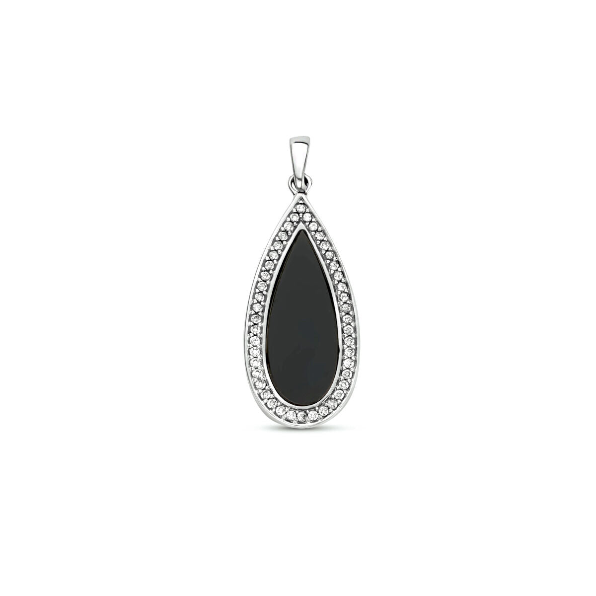 Hänger aus rhodiniertem Silber mit tropfenförmigem Onyx und Zirkonia-Steinen