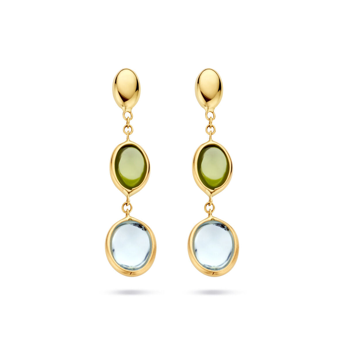 Ohrhänger aus 14K Gelbgold mit blauen Topasen und Peridot in ovaler Form