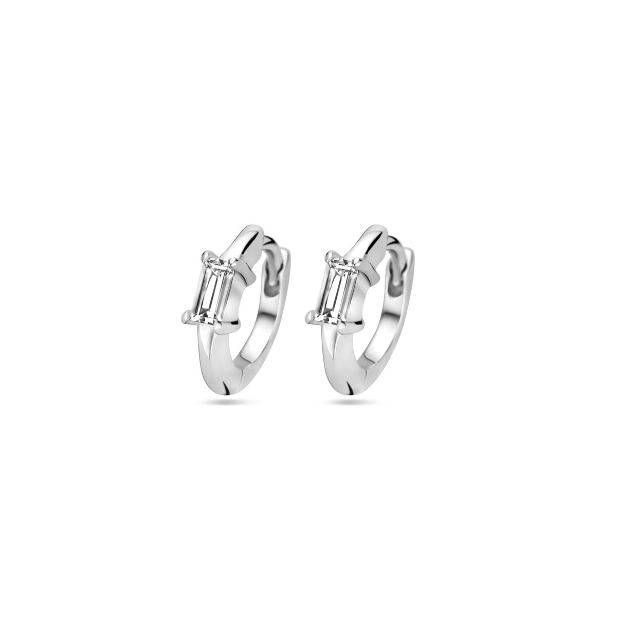 Klapp-Ohrringe aus rhodiniertem Silber mit Zirkonia, 10,5 mm groß und rechteckigem Stein.