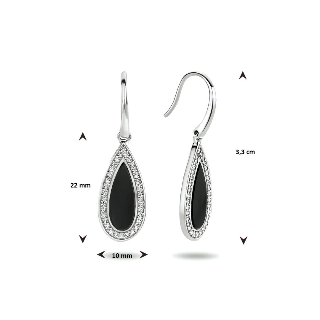 Ohrringe mit französischem Haken, Onyx und Zirkonia, Silber rhodiniert