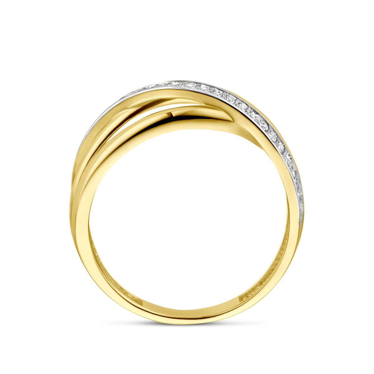 De ring zirkonia 14K geelgoud uit de Van der Kooij Collectie heeft een gedraaid ontwerp met briljant geslepen zirkonia langs één curve. Deze elegante geelgouden ring biedt sprankelende accenten en een subtiele schittering.