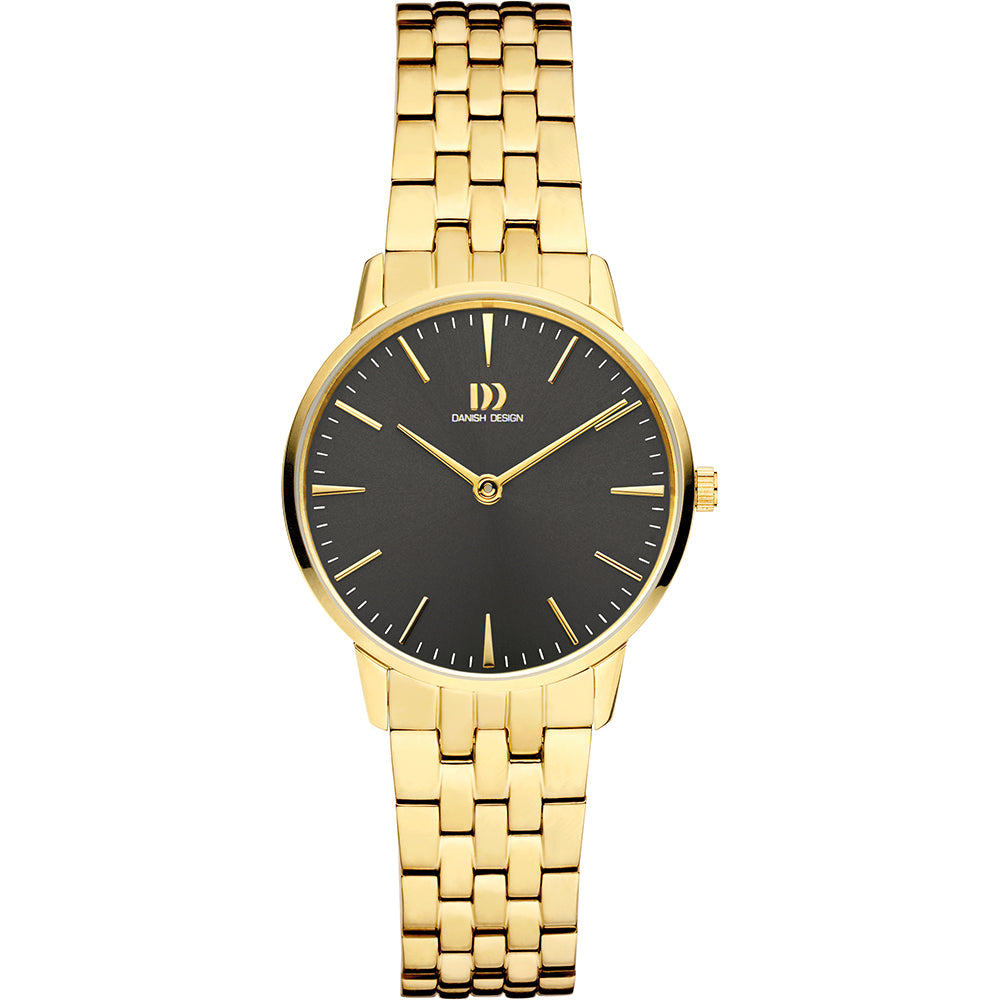 Damenarmbanduhr mit schwarzem Zifferblatt und goldenem Gehäuse sowie goldenem Armband