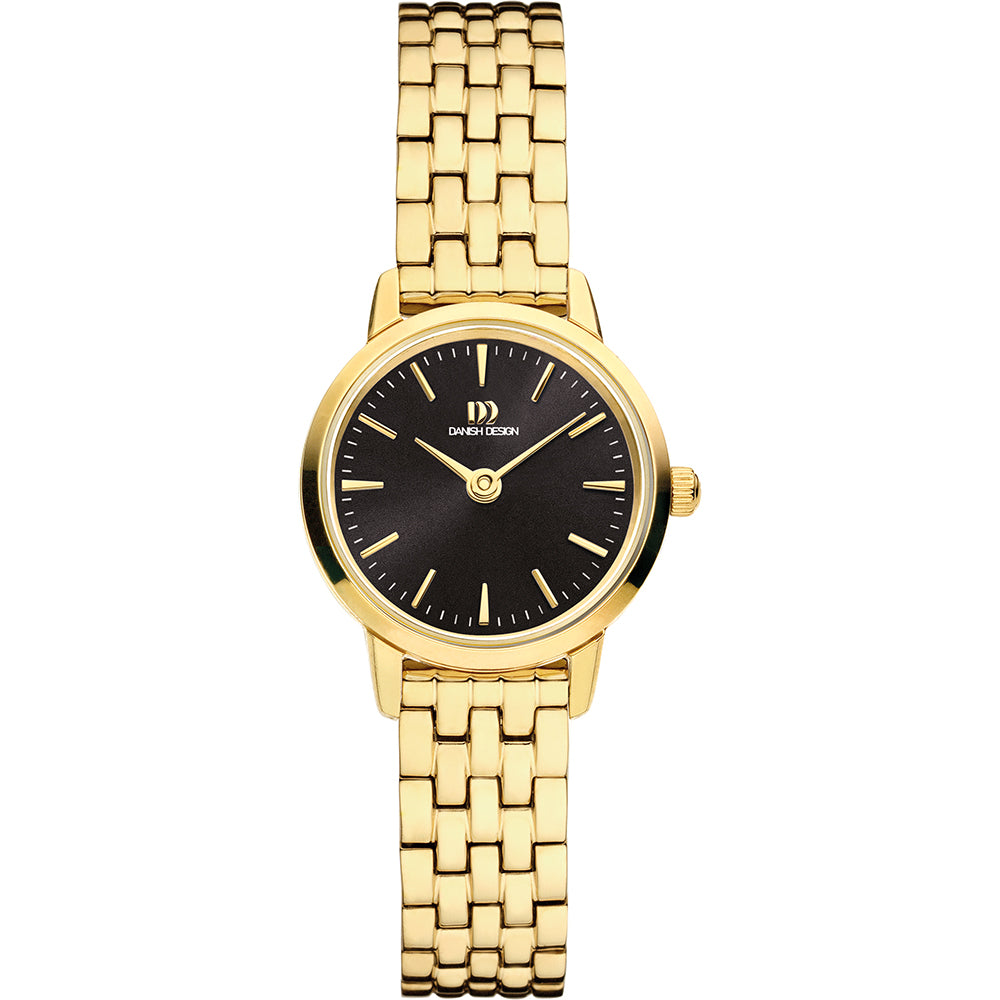 Damenarmbanduhr mit schwarzem Zifferblatt und goldenem Armband aus Metall