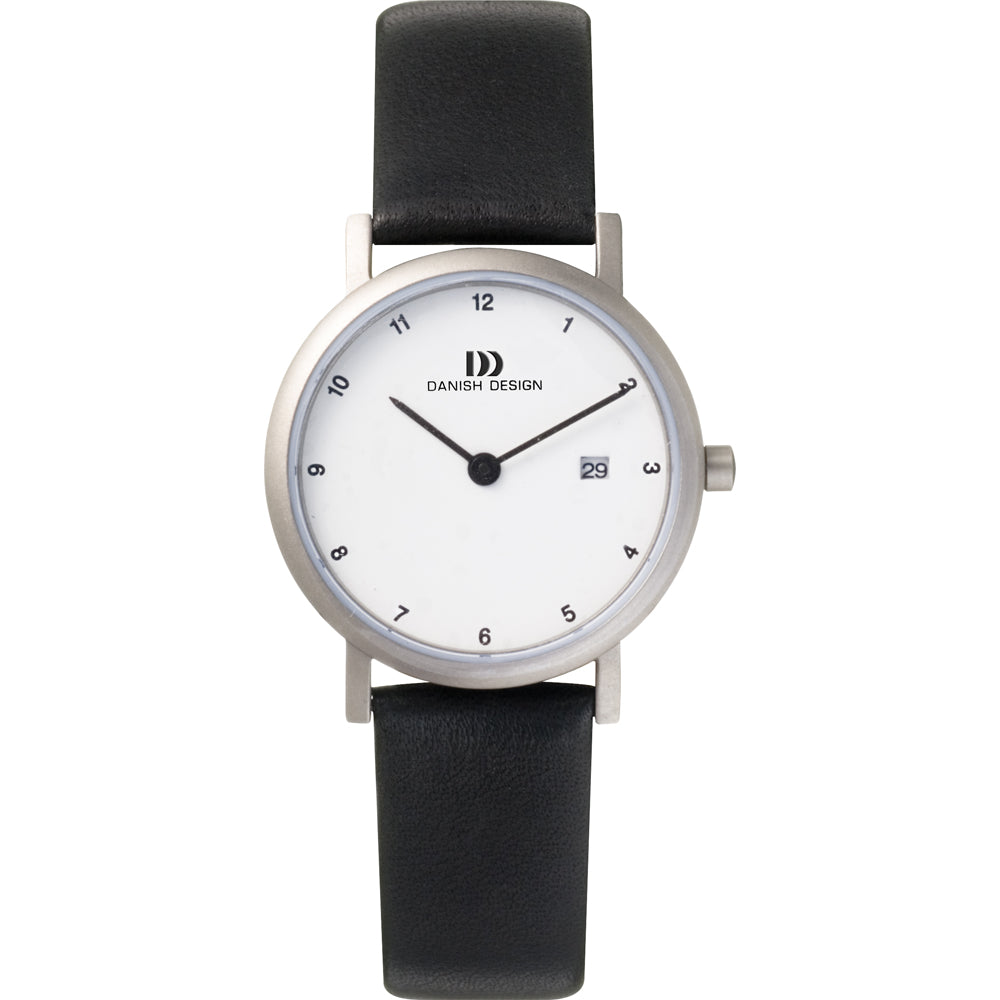 Uhr mit silbernem Gehäuse, weißem Zifferblatt und schwarzem Lederarmband