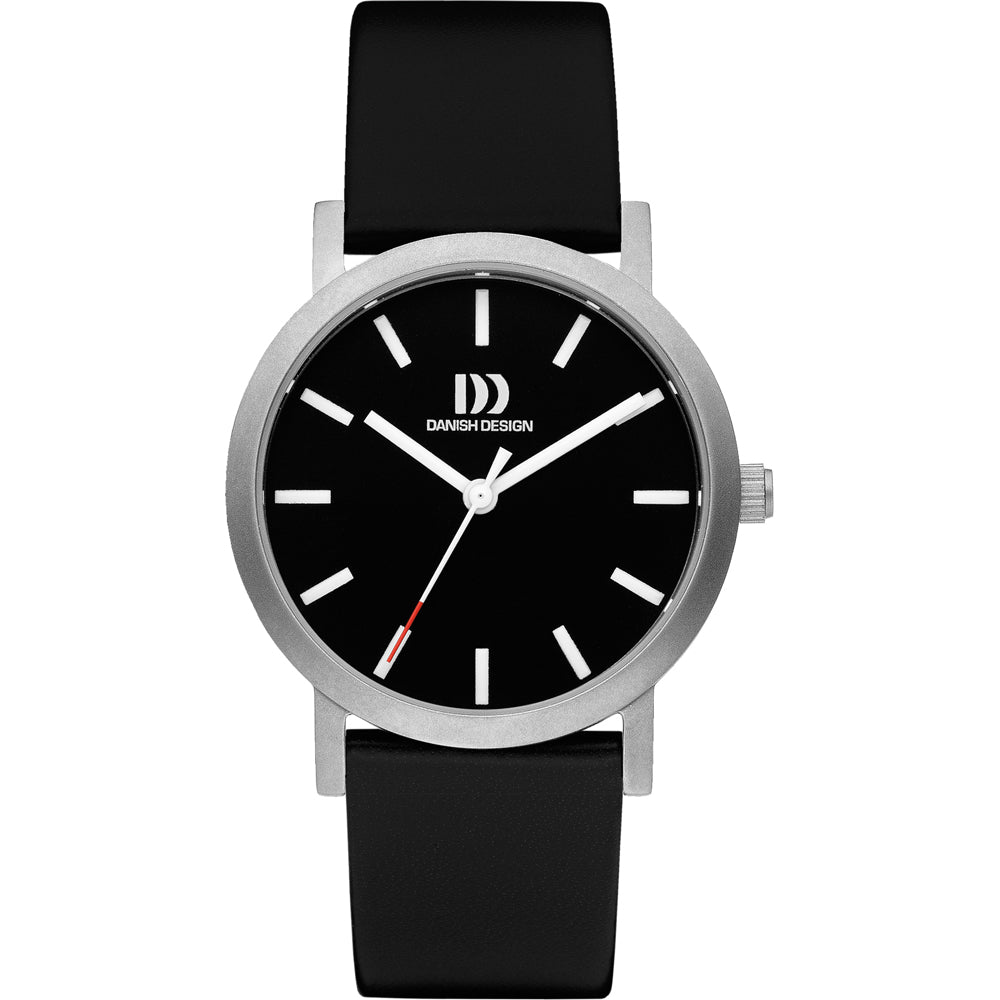 Uhr mit schwarzem Zifferblatt, silbernem Gehäuse und schwarzem Lederarmband