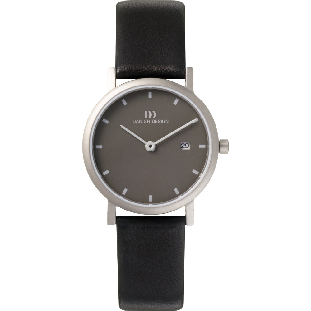 Uhr mit grauem Zifferblatt, silbernem Gehäuse und schwarzem Lederarmband
