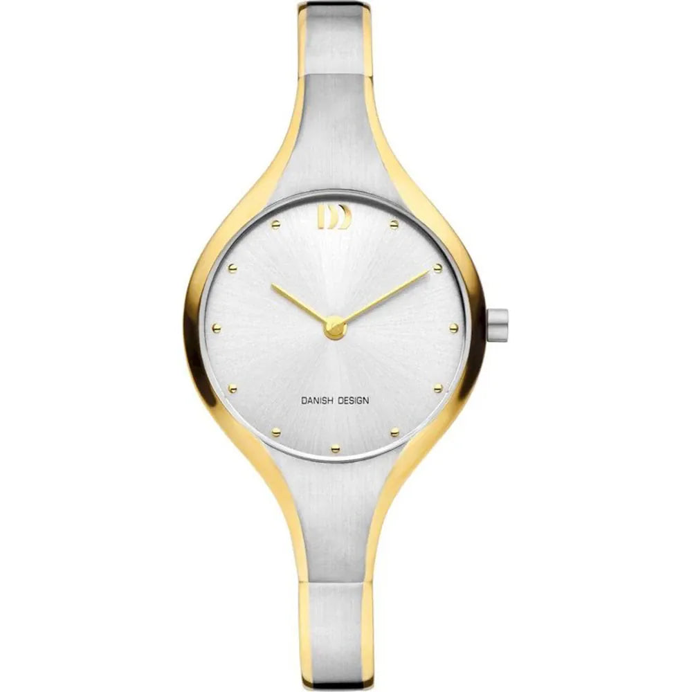 Damenarmbanduhr mit silbernem Zifferblatt, goldfarbenem Gehäuse und silbernem Armband