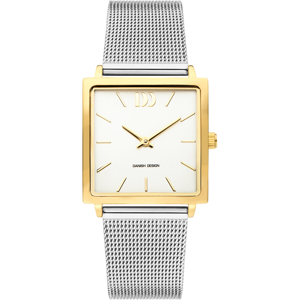 Quarzuhr mit quadratischem Gehäuse in Gold, weißem Zifferblatt und silbernem Mesh-Armband