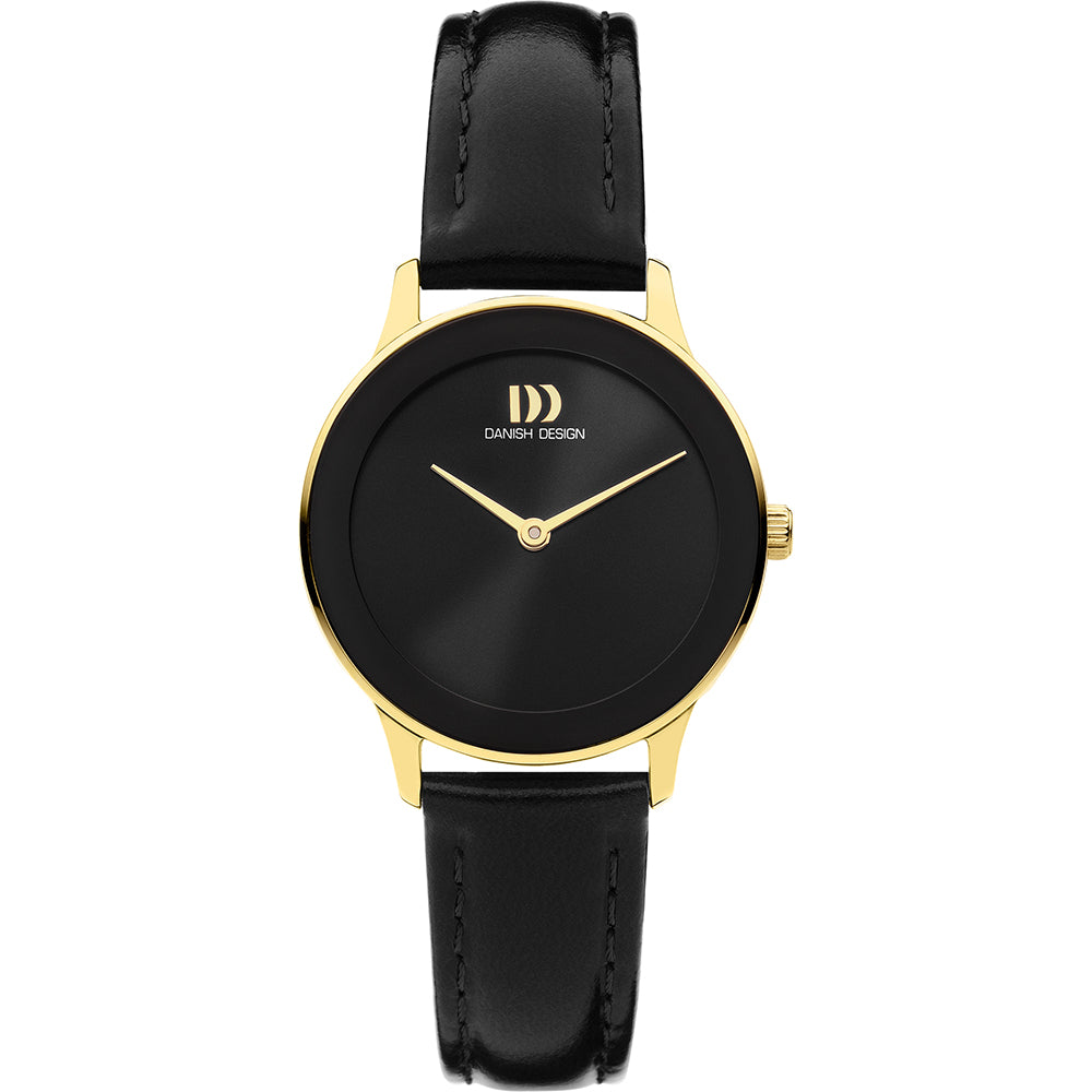 Uhr mit schwarzem Zifferblatt, goldfarbenem Gehäuse und schwarzem Lederarmband