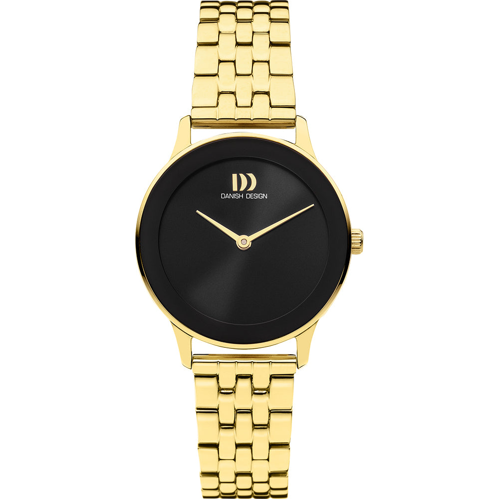Damenarmbanduhr mit schwarzem Zifferblatt und goldfarbenem Armband aus Edelstahl