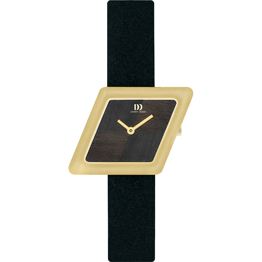 Uhr mit quadratischem Gehäuse in Gold und schwarzem Zifferblatt, schwarzes Armband aus Textil