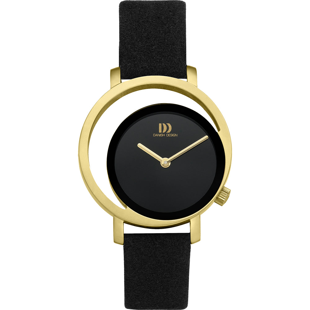 Uhr mit schwarzem Zifferblatt, goldfarbenem Gehäuse und schwarzem Lederarmband