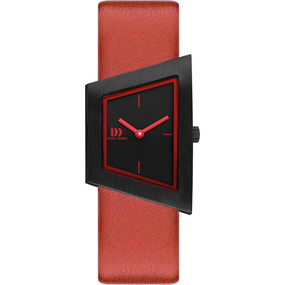 Damenarmbanduhr mit schwarzem Zifferblatt, rotem Lederarmband und eckigem Gehäuse