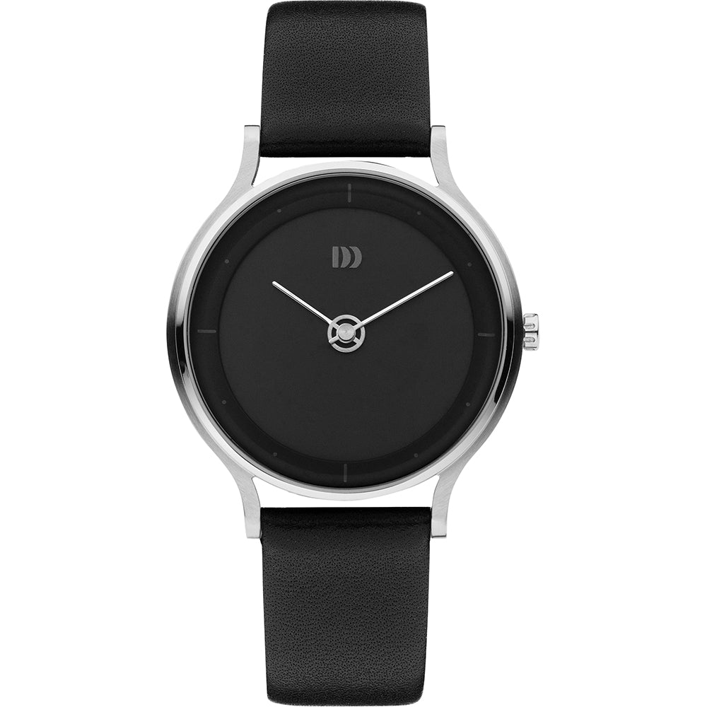 Uhr mit schwarzem Zifferblatt, silbernem Gehäuse und schwarzem Lederarmband
