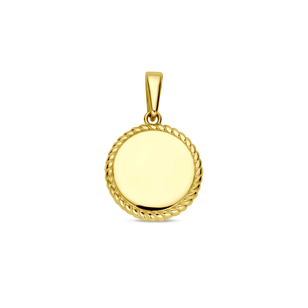 Gravuranhänger aus 14K Gelbgold mit rundem, glattem Anhänger und gedrehtem Rand