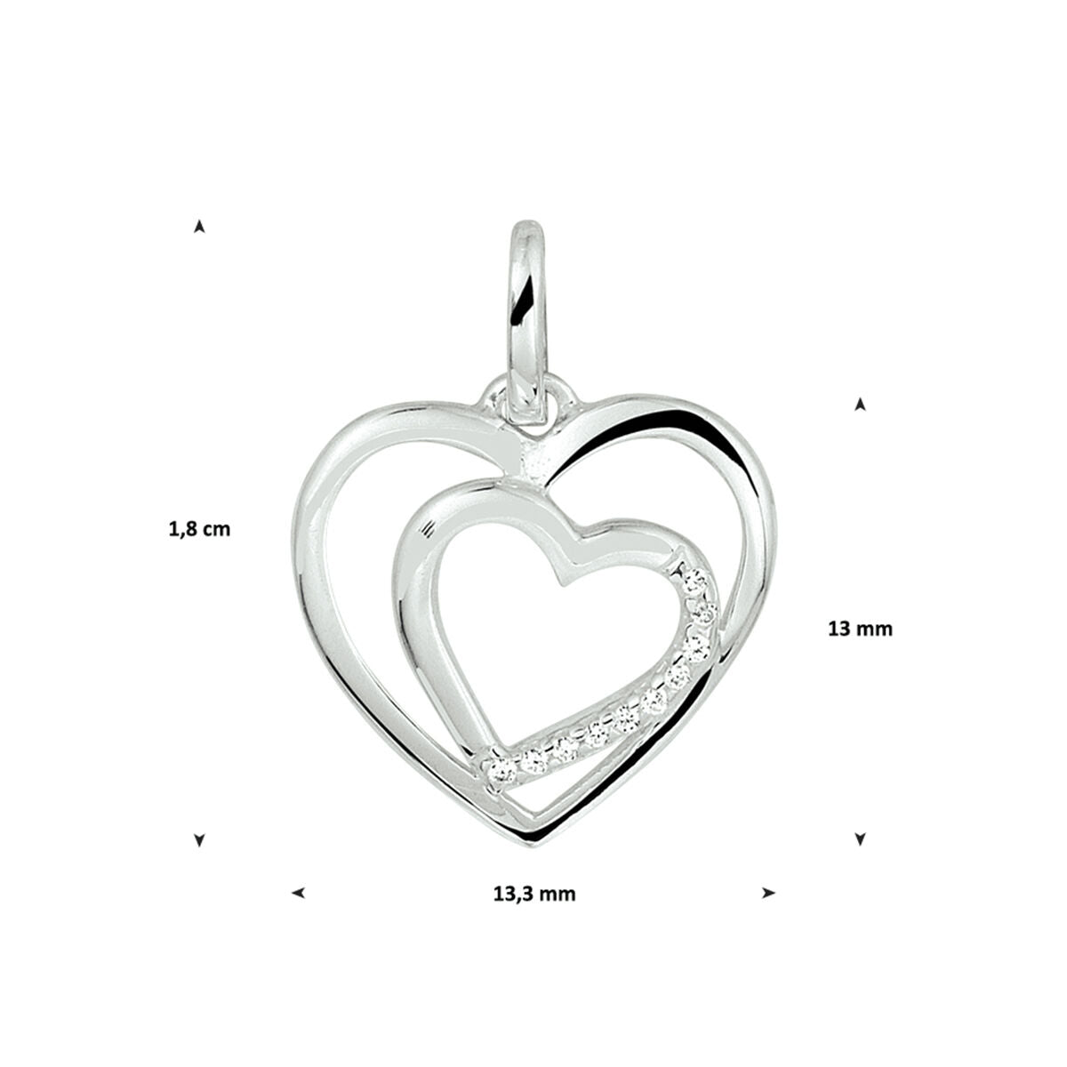 De hanger hart zirkonia zilver gerhodineerd van Van der Kooij Collectie is een dames sieraad met twee overlappende harten; het binnenste hart schittert met zirkonia. Afmeting: 1,8 cm breed, 13 mm hoog, 13,3 mm aan de basis.