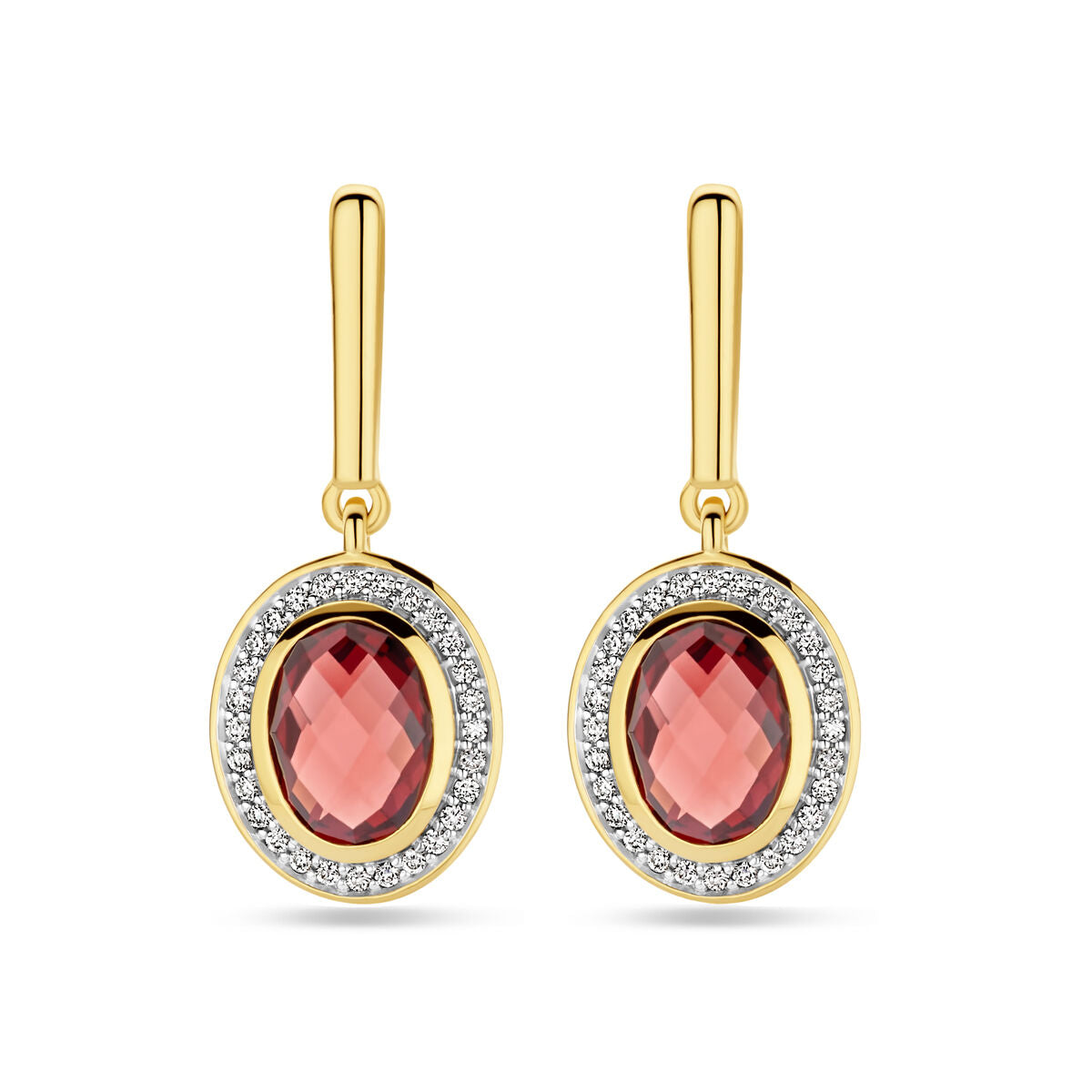Ohrhänger aus 14K Gelbgold mit ovalem Granat und Diamanten, umgeben von einer Zierfassung