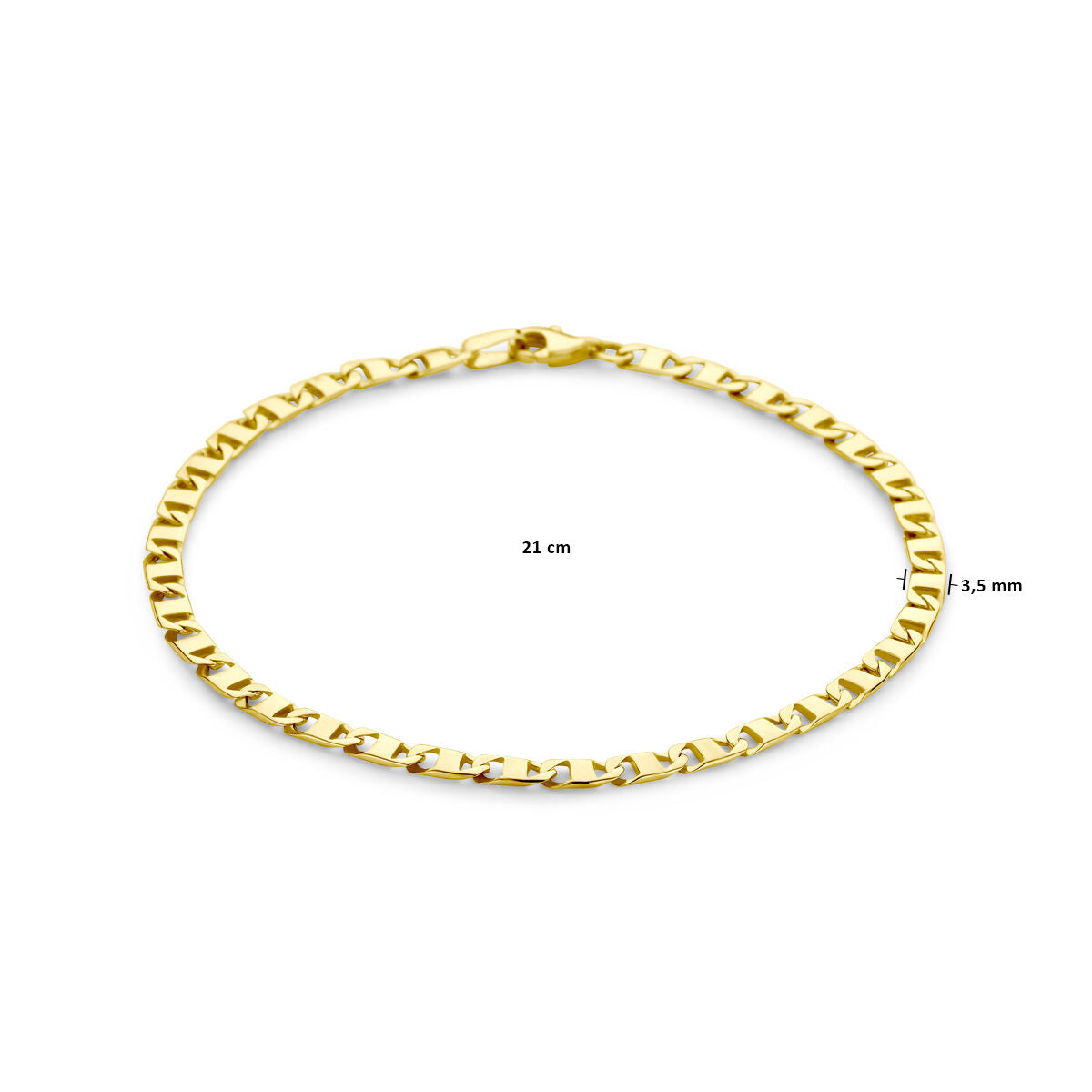 De Van der Kooij Collectie armband 3,5 mm 14K geelgoud heeft platte, rechthoekige ankerschakels en meet 21 cm lang bij 3,5 mm breed, afgebeeld op een witte achtergrond.
