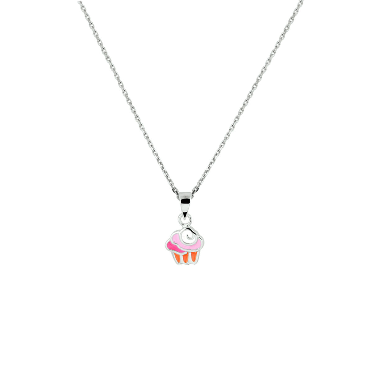 Collier mit cupcake-Anhänger in Silber, rhodiniert, mit pinken und orangen Details.