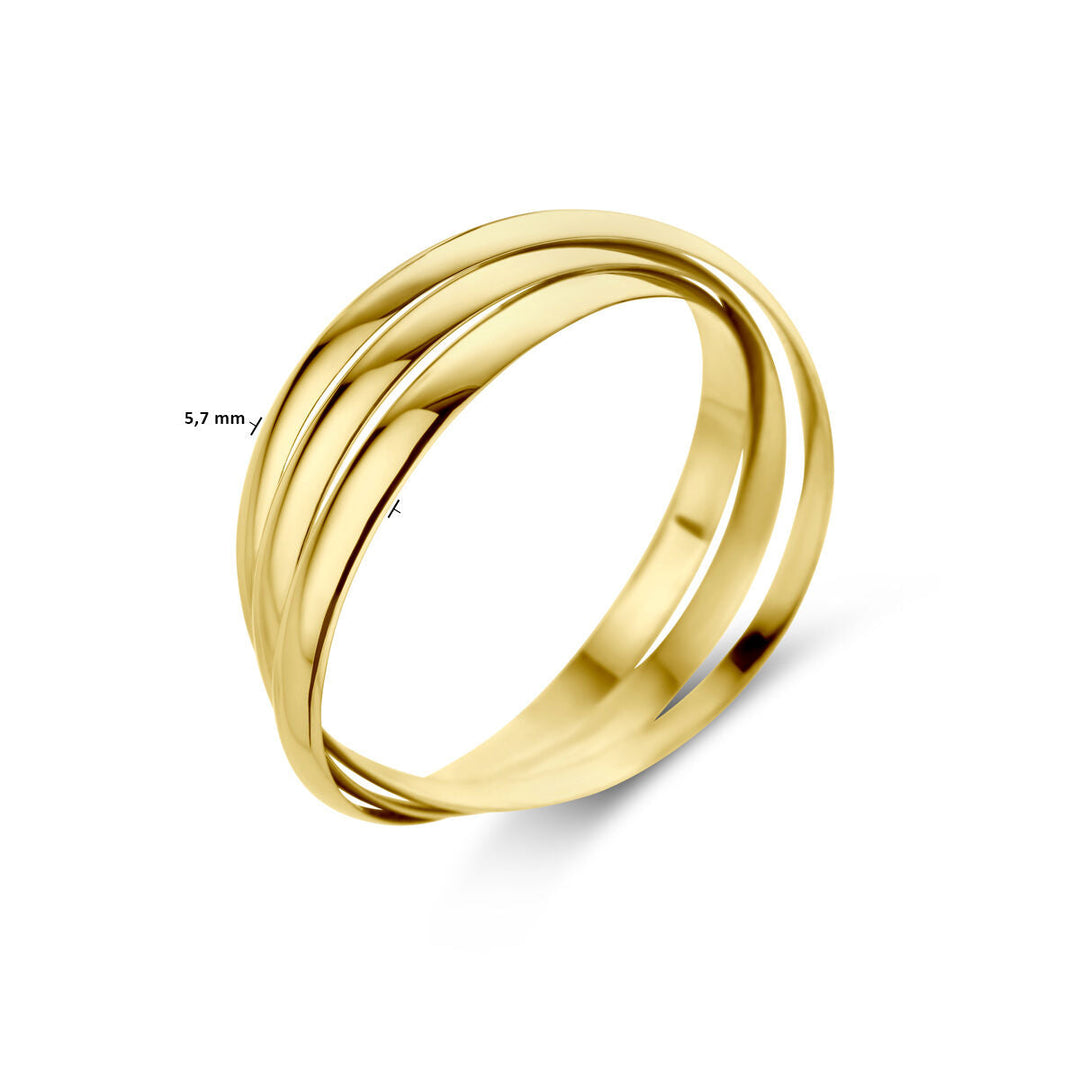 De trinity ringen 14K geelgoud van de Van der Kooij Collectie hebben drie in elkaar grijpende, gladde banden in een gedraaid ontwerp, een gepolijste afwerking en een bandbreedte van 5,7 mm.
