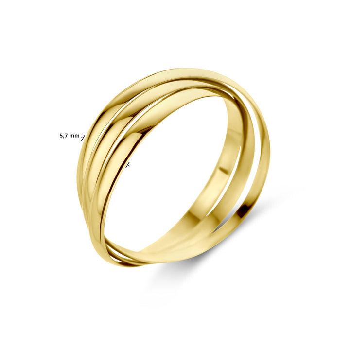 De trinity ringen 14K geelgoud van de Van der Kooij Collectie hebben drie in elkaar grijpende, gladde banden in een gedraaid ontwerp, een gepolijste afwerking en een bandbreedte van 5,7 mm.