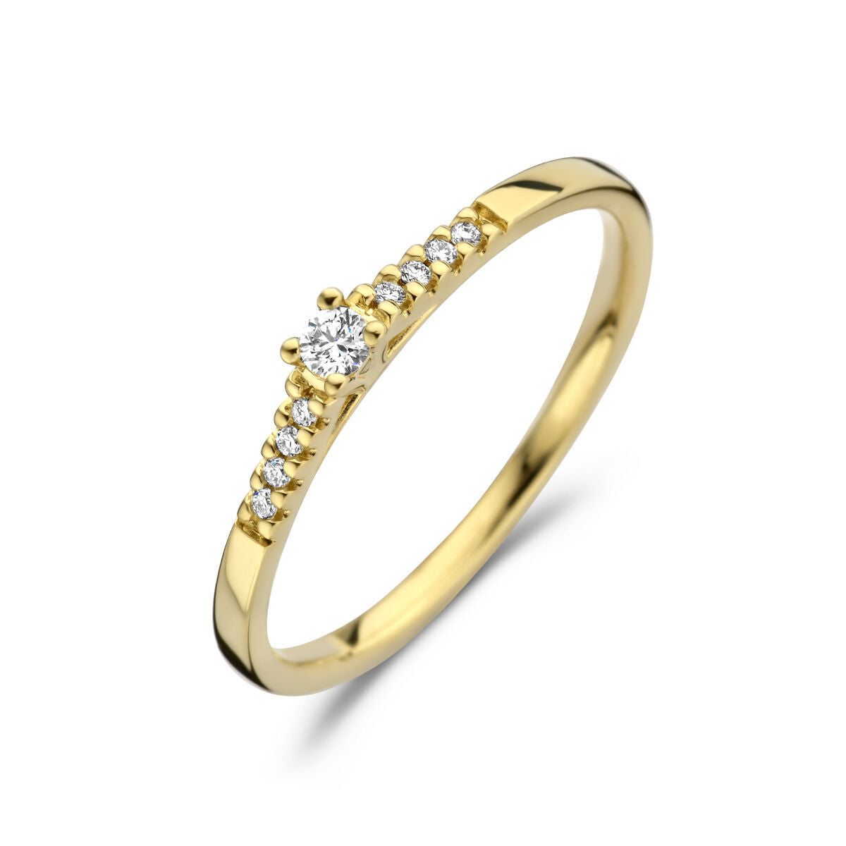 Ring aus 14K Gelbgold mit einem zentralen Diamanten von 0,07 ct und kleinen, funkelnden Steinen.