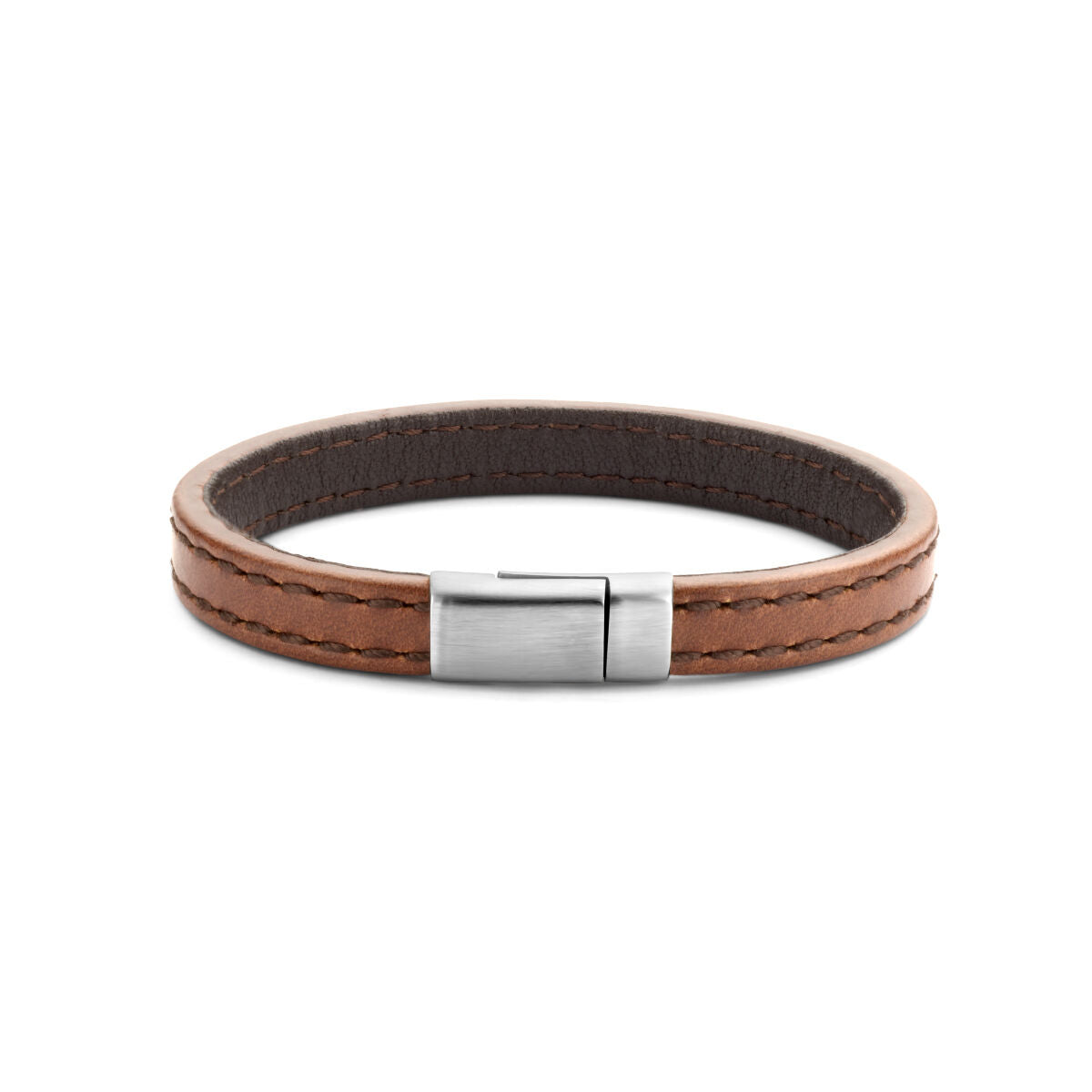 Braune Lederarmband mit Edelstahlverschluss, 9,0 mm breit, doppelte Nahtdetails