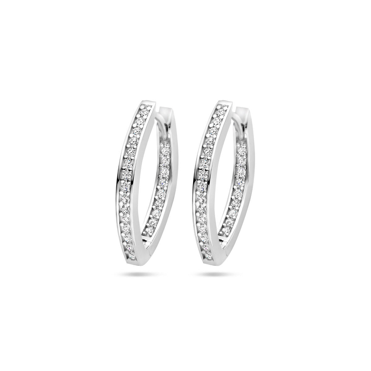 Klapp-Ohrringe aus rhodiniertem Silber mit Zirkonia, 21 mm lang, in ovaler Form.