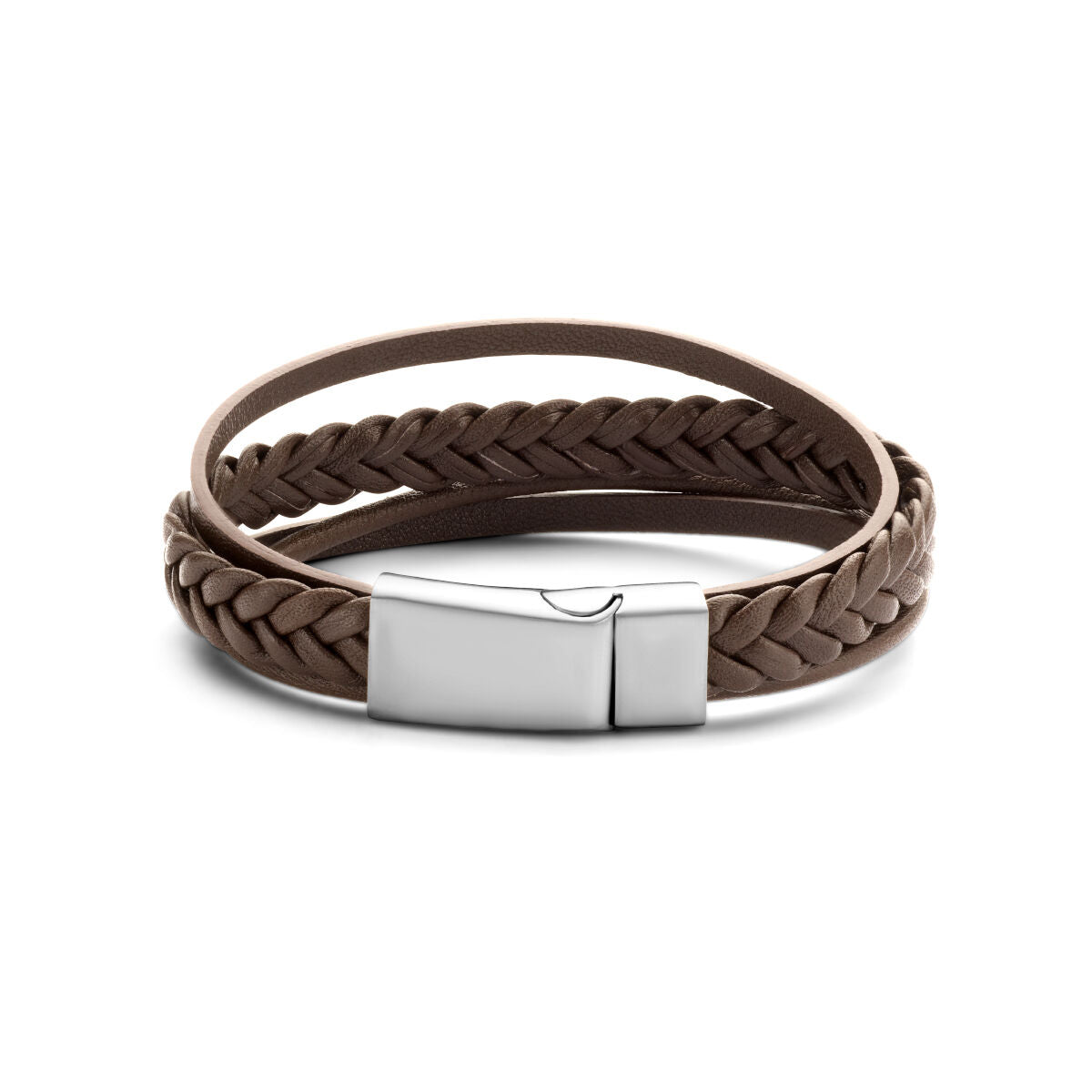 Braune Lederarmband mit geflochtenem Design und Edelstahlverschluss