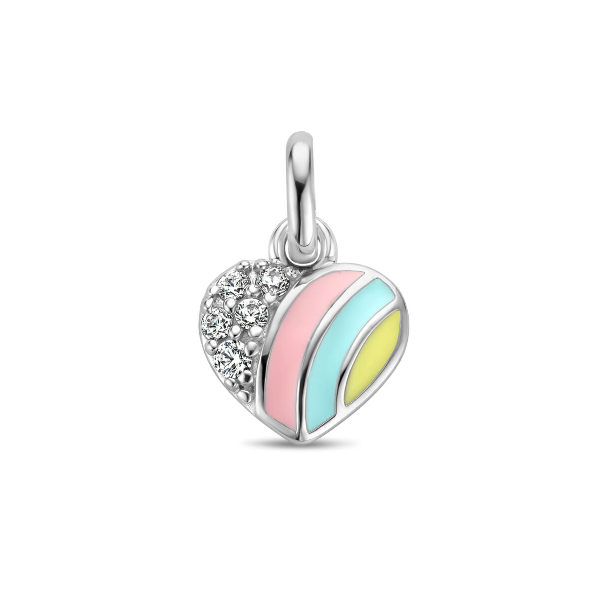 Hänger in Herzform aus rhodiniertem Silber mit bunten Emaille-Elementen und Zirkonia-Steinen