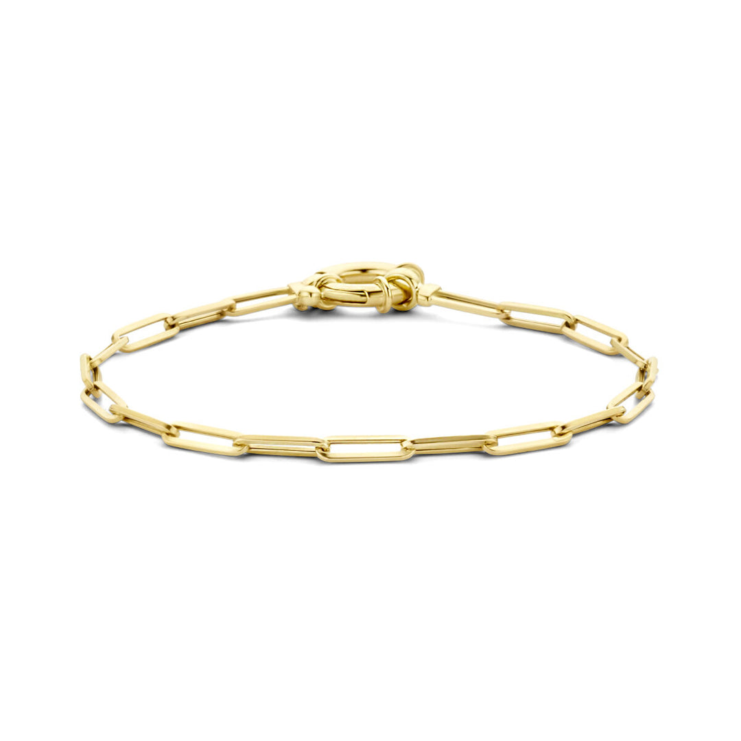 De Van der Kooij Collectie armband paperclip vierkante buis 3,0 mm 18 cm met groot veerslot is een verfijnde 14K geelgouden armband met vierkante buisschakels en een grote veersluiting, afgebeeld op een witte achtergrond.