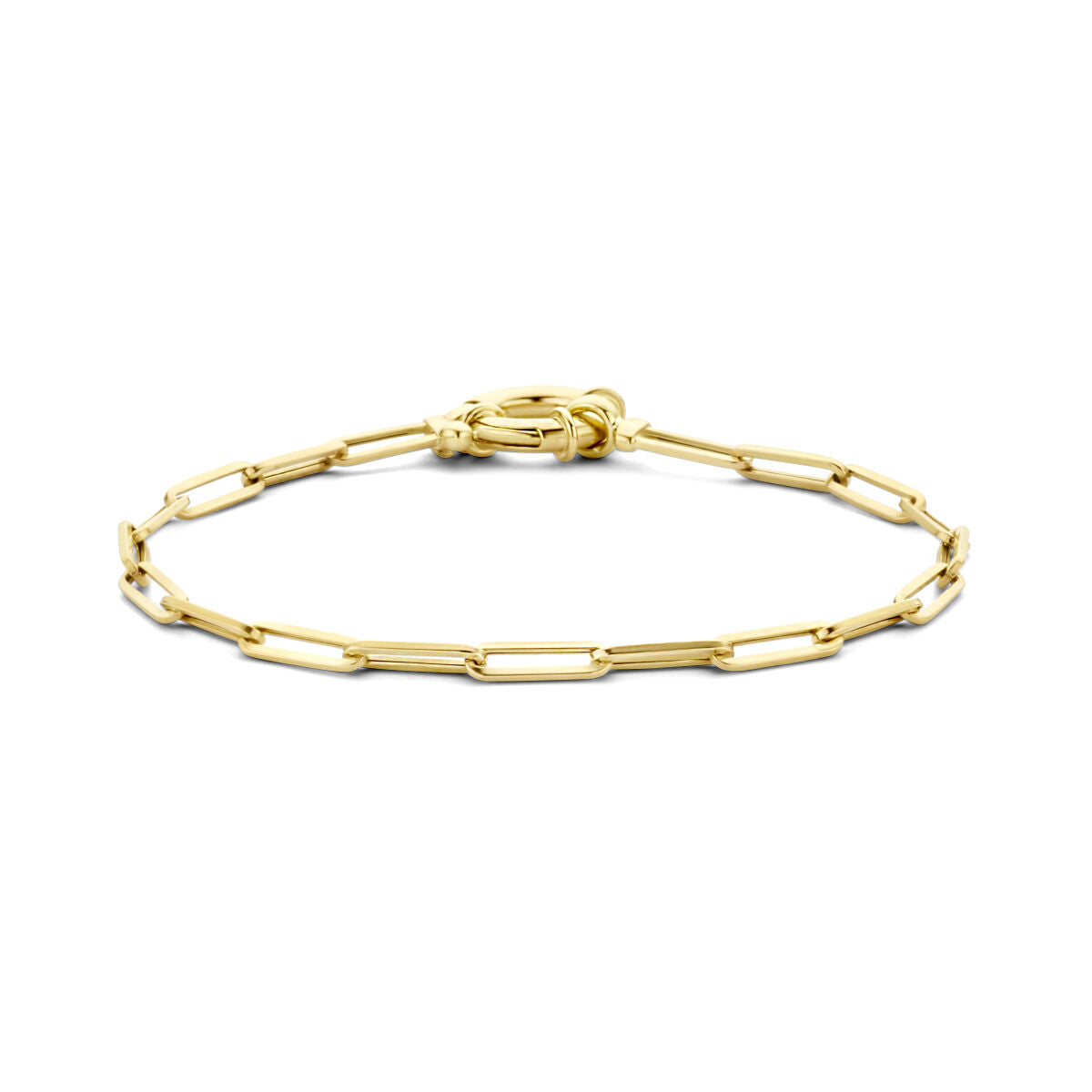 Armband aus 14K Gelbgold mit paperclip-Design, quadratischen Rohren und großem Karabinerverschluss.