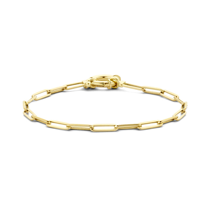 De Van der Kooij Collectie armband paperclip vierkante buis 3,0 mm 18 cm met groot veerslot is een verfijnde 14K geelgouden armband met vierkante buisschakels en een grote veersluiting, afgebeeld op een witte achtergrond.