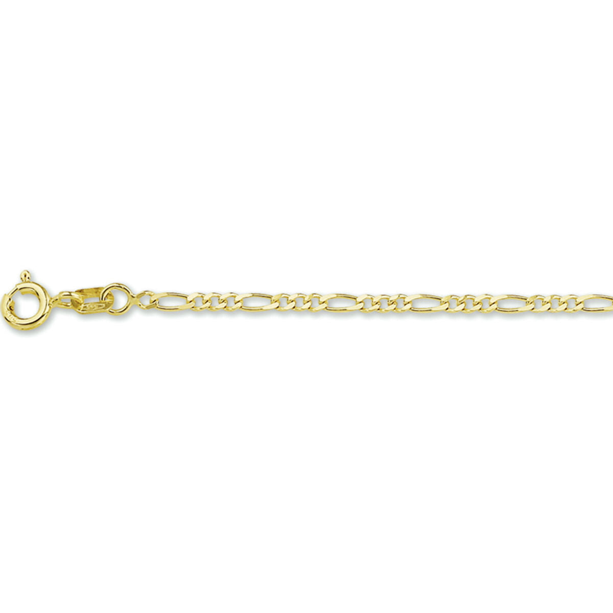 De Van der Kooij Collectie figaro 1,8 mm 14K geelgoud is een slanke unisex armband met afwisselend korte en lange schakels en een kleine veerringsluiting, afgebeeld op een witte achtergrond.