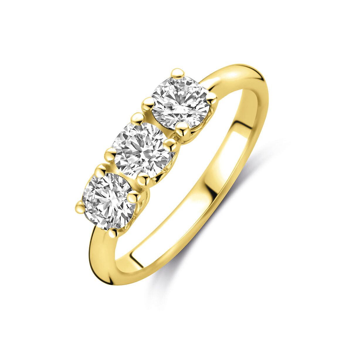 Damenring aus 14k Gelbgold mit drei runden, funkelnden 0,90 ct lab-grown Diamanten