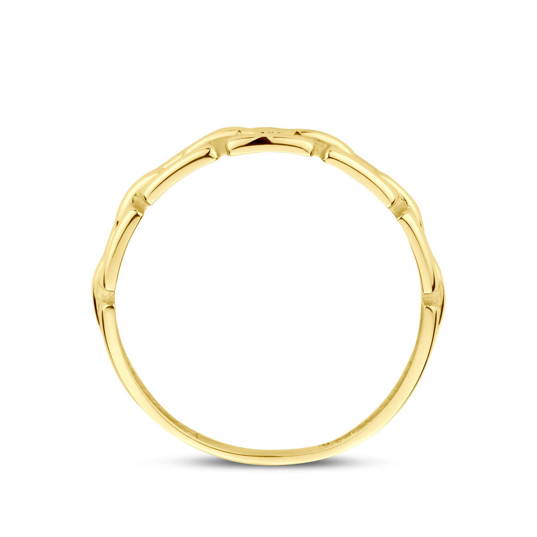 Een gouden armband met een op bamboe geïnspireerd ontwerp en gepolijste afwerking wordt weergegeven op een witte achtergrond - ideaal om te combineren met de Van der Kooij Collectie ring schakel 14K geelgoud.