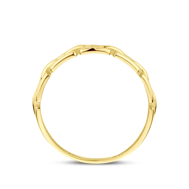 Een gouden armband met een op bamboe geïnspireerd ontwerp en gepolijste afwerking wordt weergegeven op een witte achtergrond - ideaal om te combineren met de Van der Kooij Collectie ring schakel 14K geelgoud.