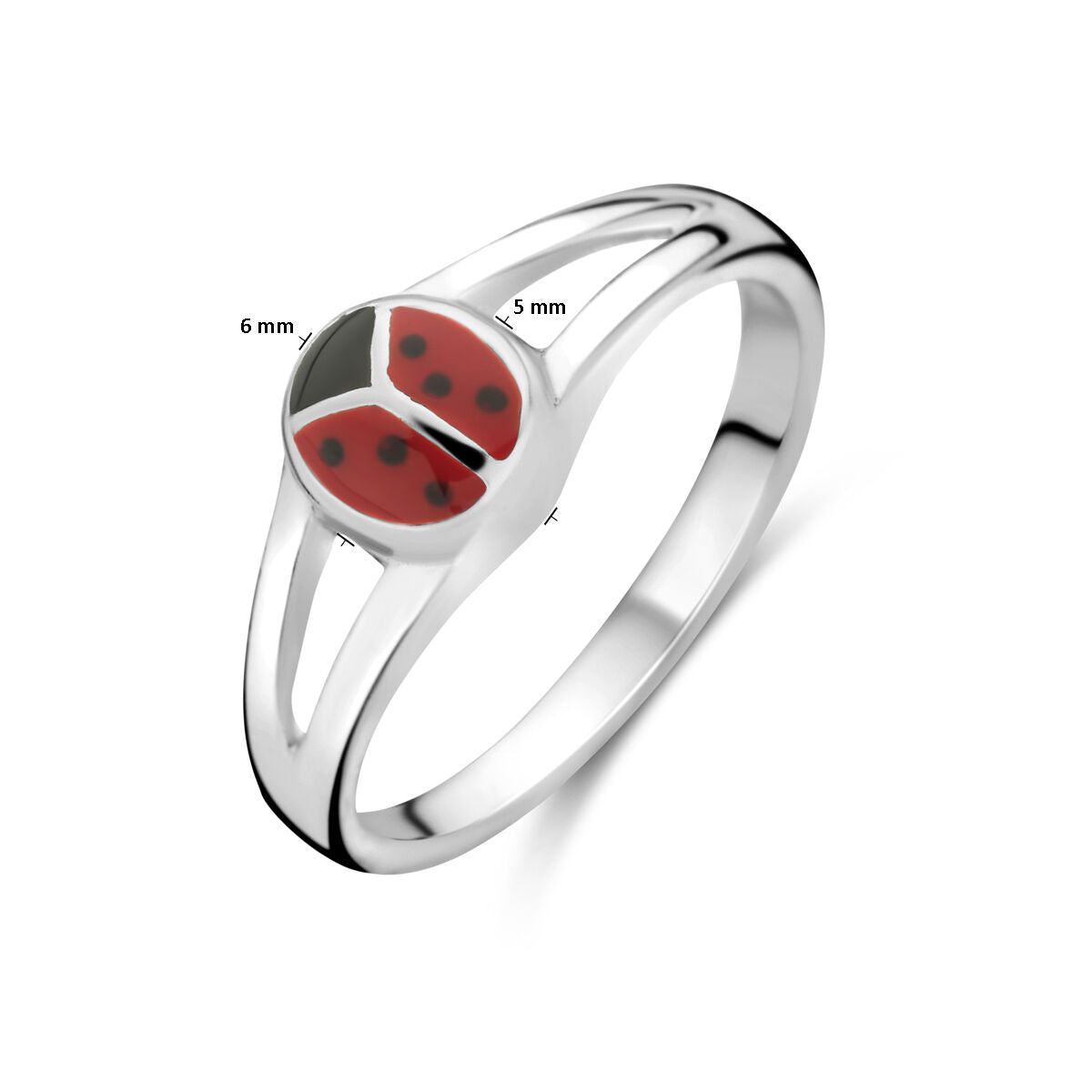 De Van der Kooij Collectie ring lieveheersbeestje zilver wit heeft een gepolijste split shank band en een lieveheersbeestje design van 6 x 5 mm in zilver met rode en zwarte accenten.