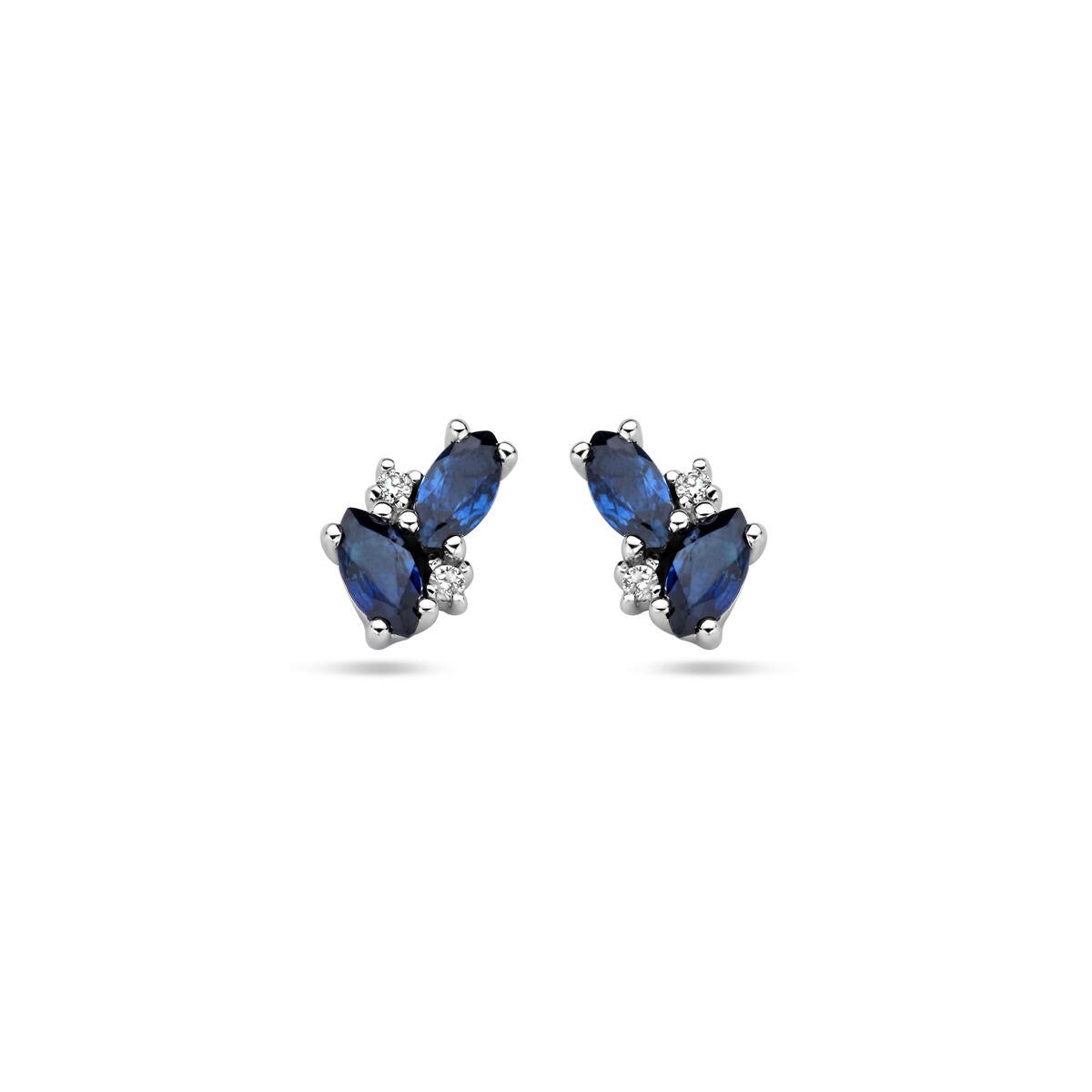 Ohrstecker aus 14K Weißgold mit zwei blauen Saphiren und Diamanten 0,02 ct in Tropfenform