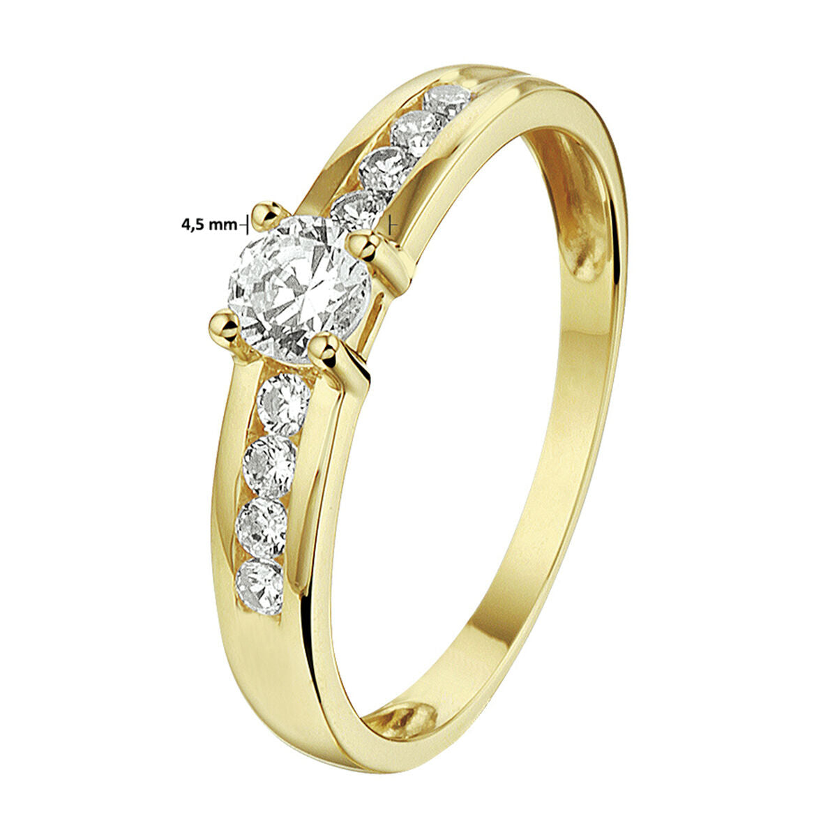 De Van der Kooij Collectie ring zirkonia 14K geelgoud heeft een gepolijste band van 4,5 mm en is versierd met een centrale ronde zirkonia, geflankeerd door drie kleinere stenen aan elke kant-een elegante damesring voor elke gelegenheid.
