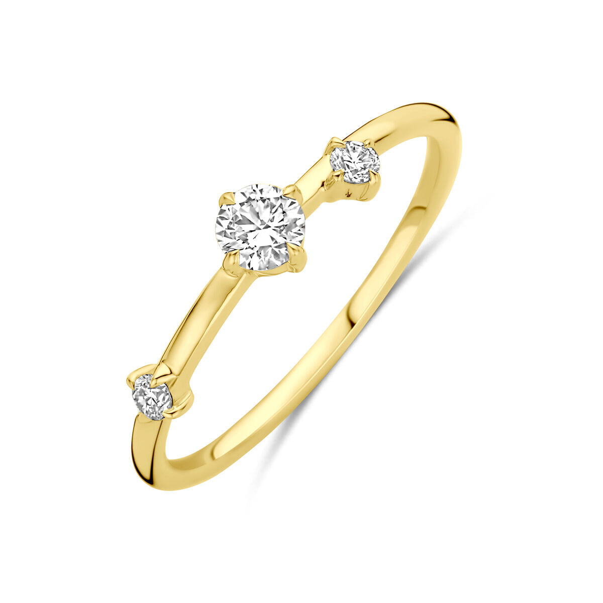 Ring aus 14K Gelbgold mit einem zentralen lab-grown Diamanten von 0,25 ct und zwei kleinen Diamanten