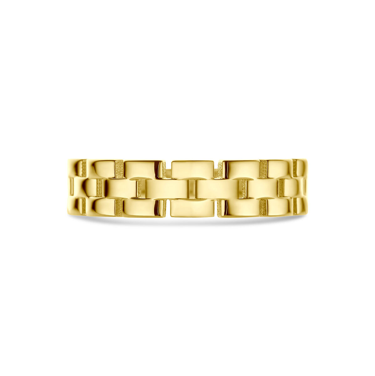 De Van der Kooij Collectie ring schakel 14K geelgoud is een unisex ring met rechthoekig schakelpatroon in gepolijste en getextureerde afwerking, die tijdloze elegantie uitstraalt en te zien is tegen een witte achtergrond.