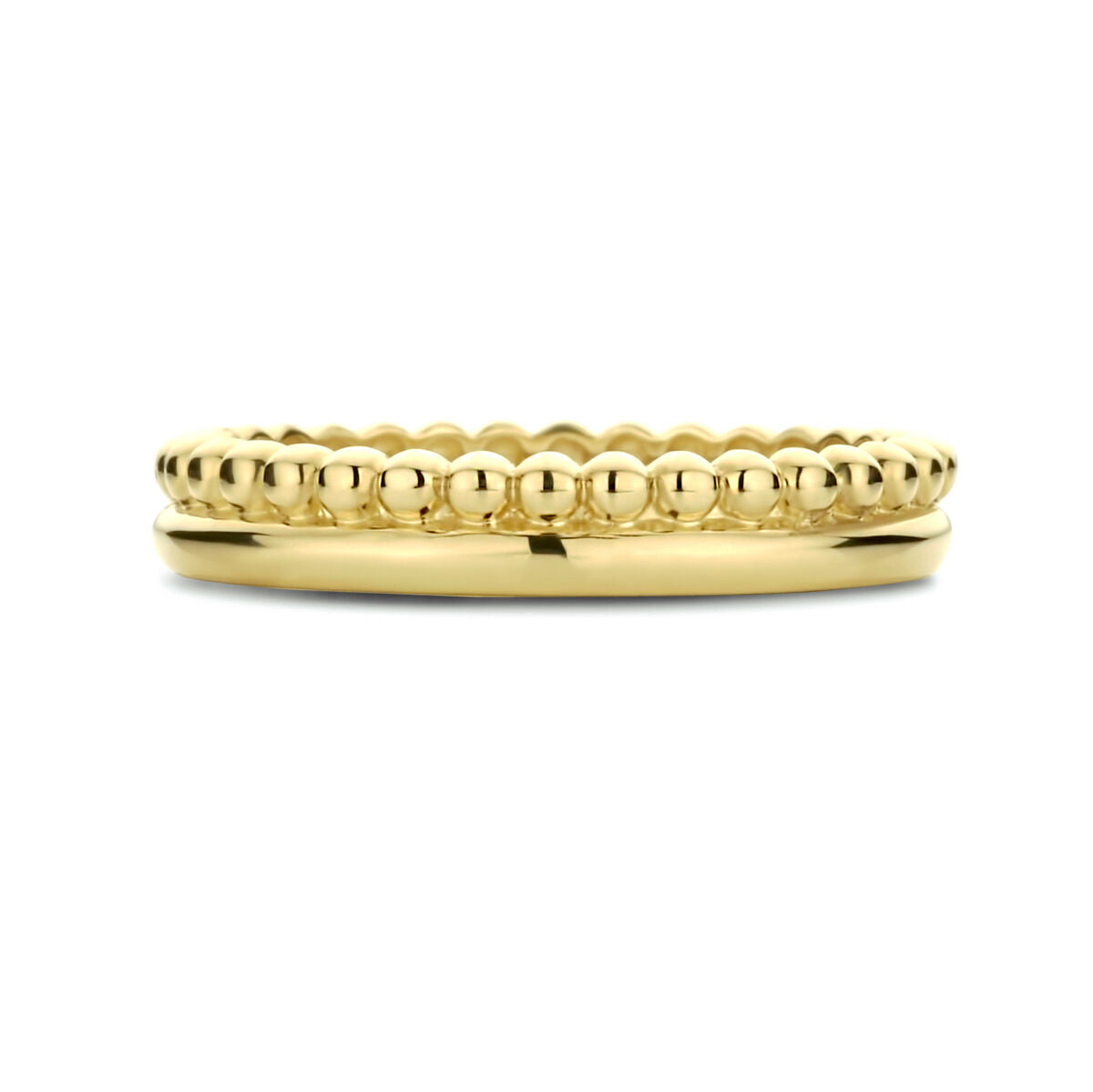 Twee Van der Kooij Collectie ringbolletjes 14K geelgoud op elkaar gestapeld - de ene met een kralenontwerp, de andere glad en gepolijst - beide dames sieraden glanzen met reflecterende glans.