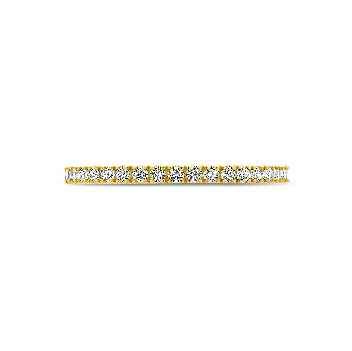 De ring met geboortesteen zirkonia april van Van der Kooij Collectie is een elegante 14K geelgouden ring met een rij fonkelende, ronde witte zirkonia’s rondom de band.