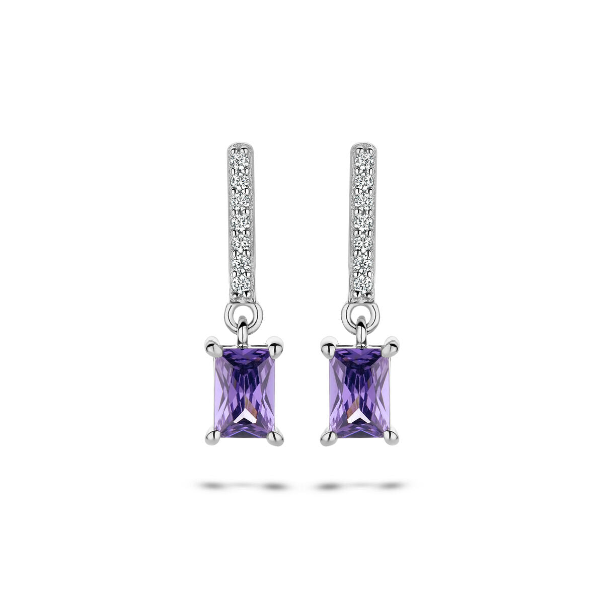 Ohrhänger aus rhodiniertem Silber mit amethystfarbener und weißer Zirkonia, rechteckige Form