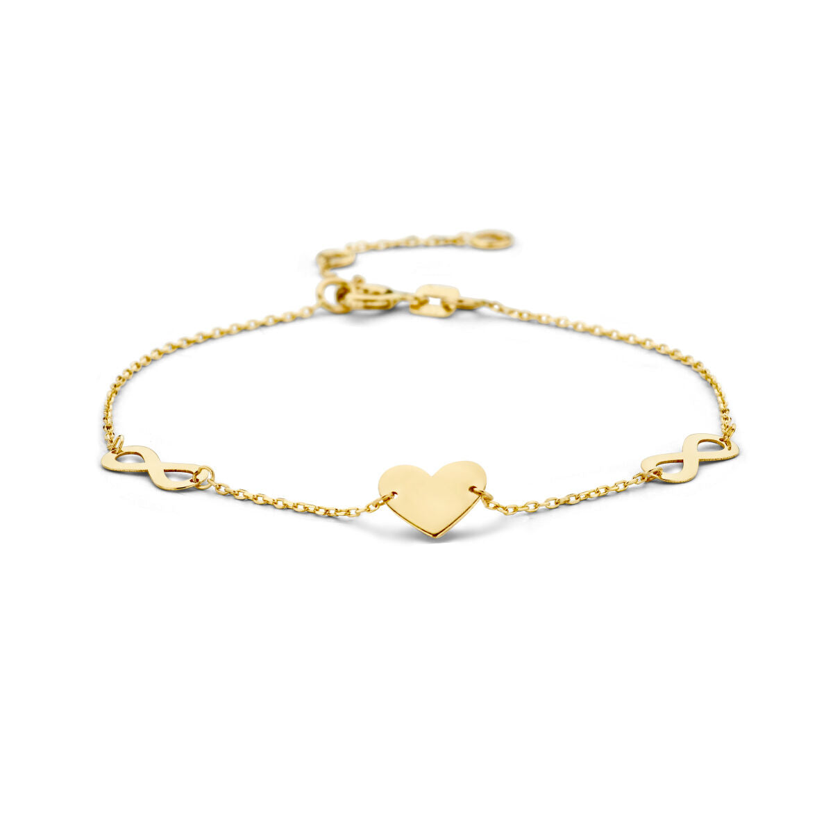 Armband aus 14K Gold mit Herz- und Unendlichkeitssymbol, feine Gliederkette