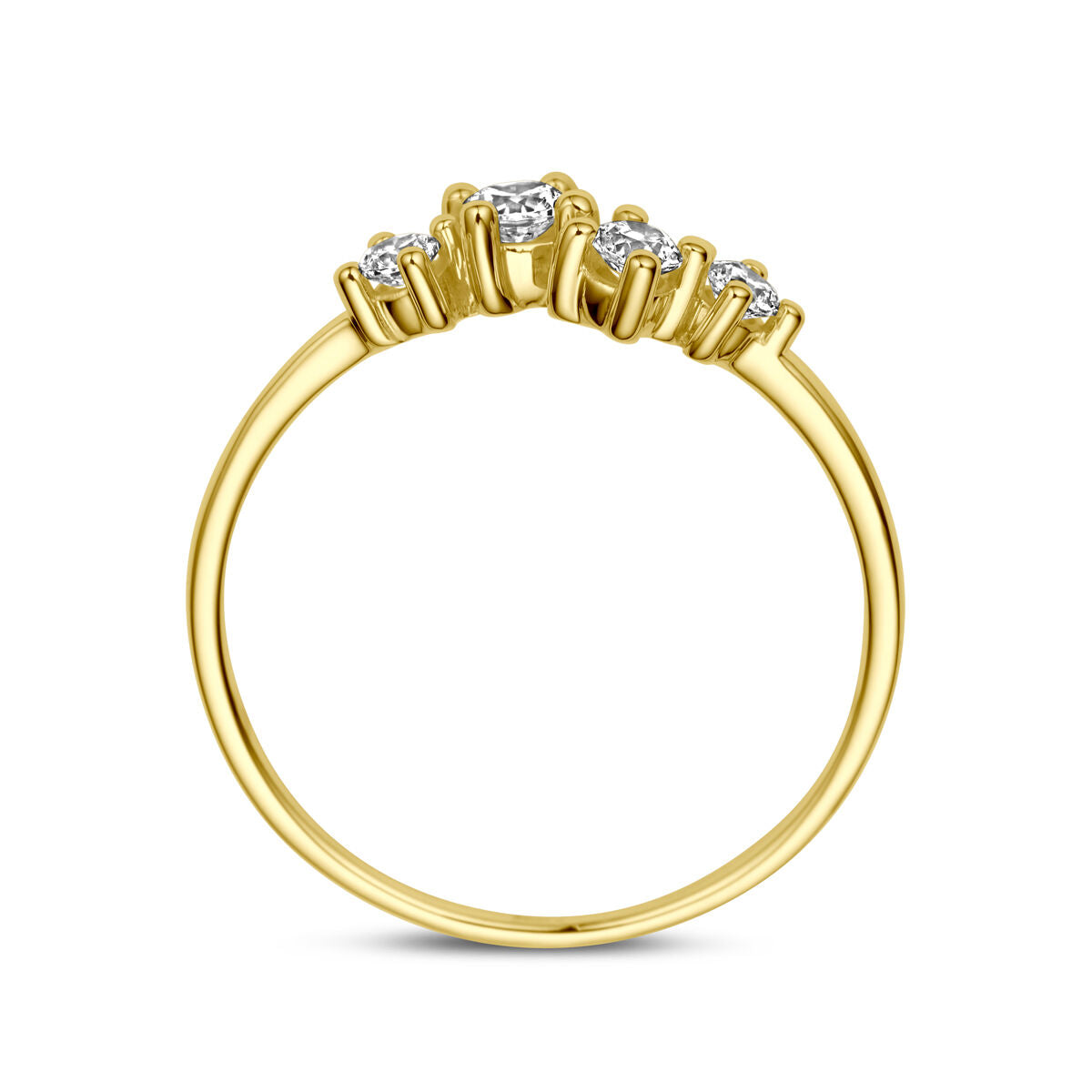 De Van der Kooij Collectie ring zirkonia 14K geelgoud is een slanke gouden damesring versierd met vijf fonkelende zirkonia steentjes op een rij, die zorgen voor een elegante en minimalistische look.